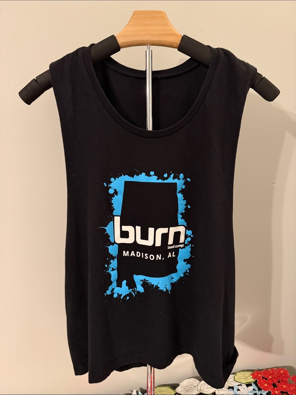 Burn Boot Camp Black Muscle Tank with Blue Logo